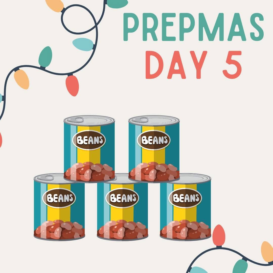 SCEMD's tweet photo. On the fifth day of Prepmas, my prep buddy gave to me: FIVE CANS OF BEANS! 🥫🥫🥫🥫🥫
The gift of fiber and protein.
Merry Prepmas to my Prep Fam!
Your turn! What would you gift for Prepmas?
#PrepmasChallenge #BePrepared #Prepmas #FifthDay #EmergencyPrep #HolidayPrep https://t.co/ApZWkzoczN
