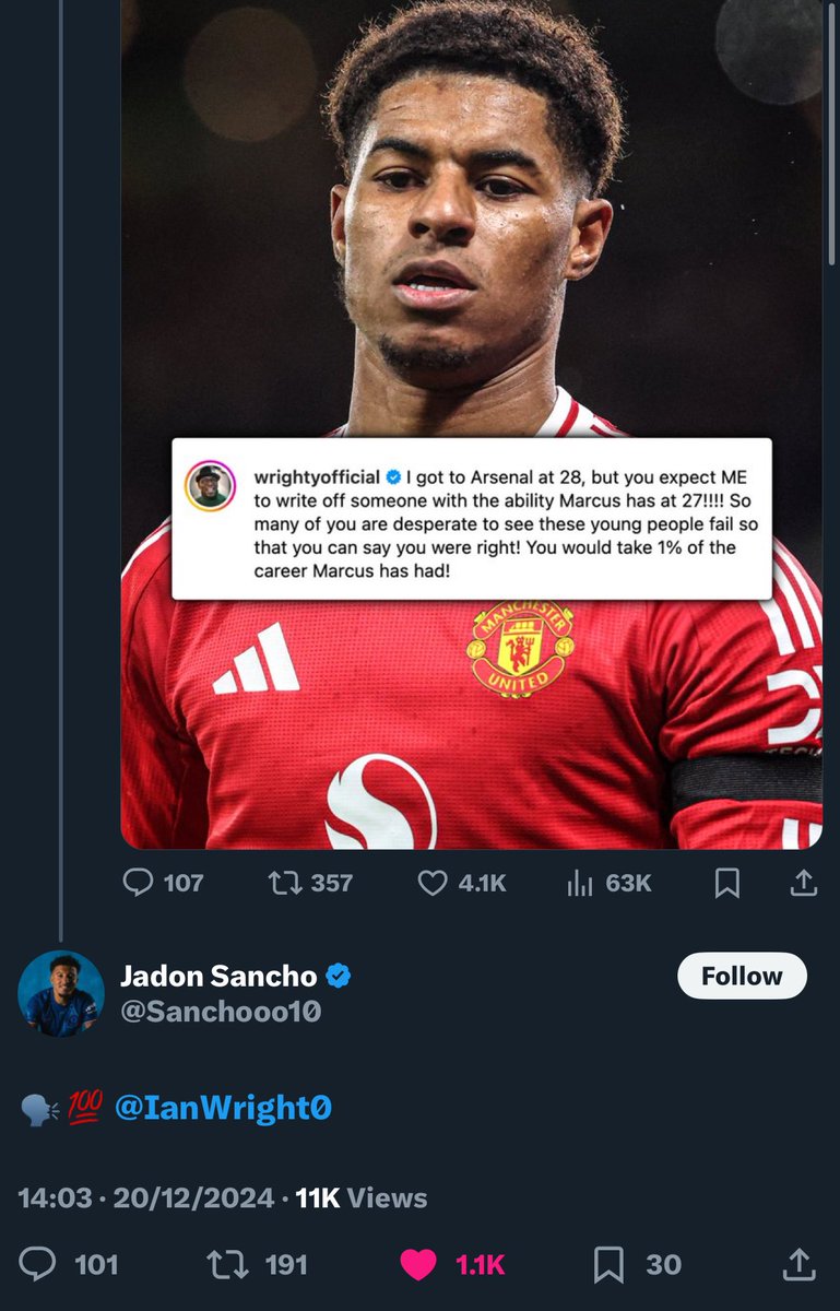 🚨📸 - Jadon Sancho responds to Ian Wright’s post defending Rashford. 🗣️💯