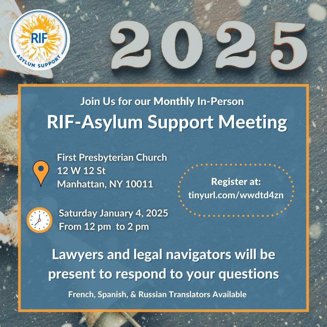 Join us every first Saturday of the month for an in-person meeting! There will be an immigration lawyer along with RIF staff available to answer questions about work permits, asylum applications, immigration policy changes, and more. Register at: buff.ly/3P5h1I5