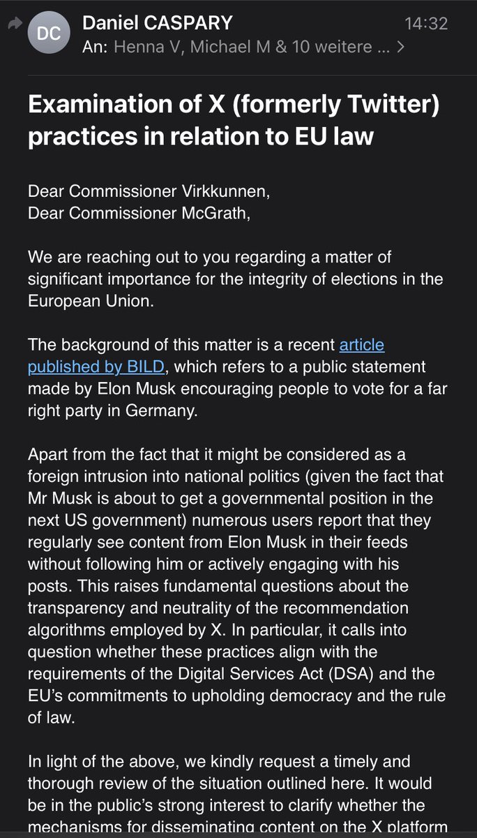 Daniel Caspary (@caspary) on Twitter photo Ist das ok von <a href="/elonmusk/">Elon Musk</a> ?
Dear Commissioner Virkkunnen,
Dear Commissioner McGrath,
 
We are reaching out to you regarding a matter of significant importance for the integrity of elections in the European Union.
 
The background of this matter is a recent article published by Ist das ok von <a href="/elonmusk/">Elon Musk</a> ?
Dear Commissioner Virkkunnen,
Dear Commissioner McGrath,
 
We are reaching out to you regarding a matter of significant importance for the integrity of elections in the European Union.
 
The background of this matter is a recent article published by