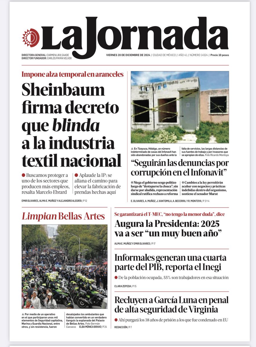 dmillan's tweet photo. Así reporta la prensa nacional la promulgación del decreto con el que el gobierno de la presidenta Claudia Sheinbaum protegerá a la industria textil.

Marcelo Ebrard explicó que la medida protegerá a más de 400 mil empleos en México. https://t.co/ZloS6GepOV