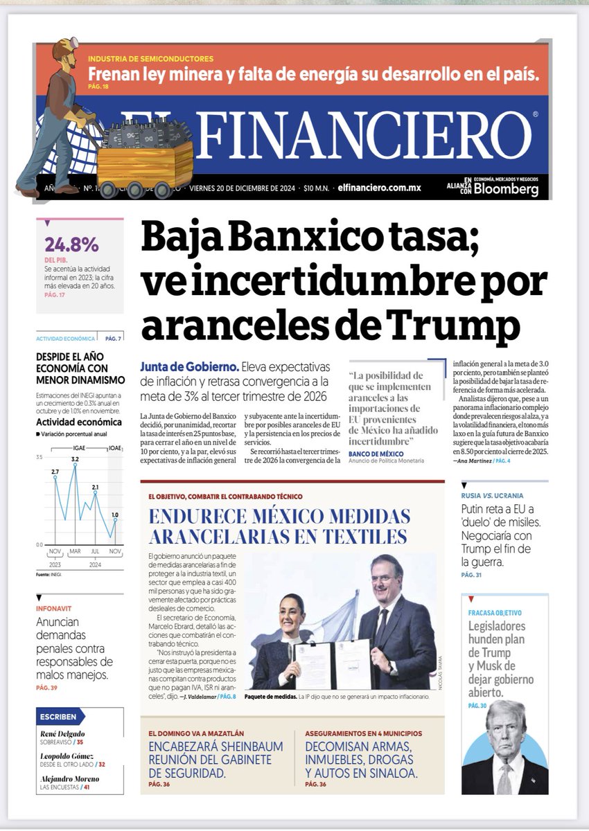 dmillan's tweet photo. Así reporta la prensa nacional la promulgación del decreto con el que el gobierno de la presidenta Claudia Sheinbaum protegerá a la industria textil.

Marcelo Ebrard explicó que la medida protegerá a más de 400 mil empleos en México. https://t.co/ZloS6GepOV
