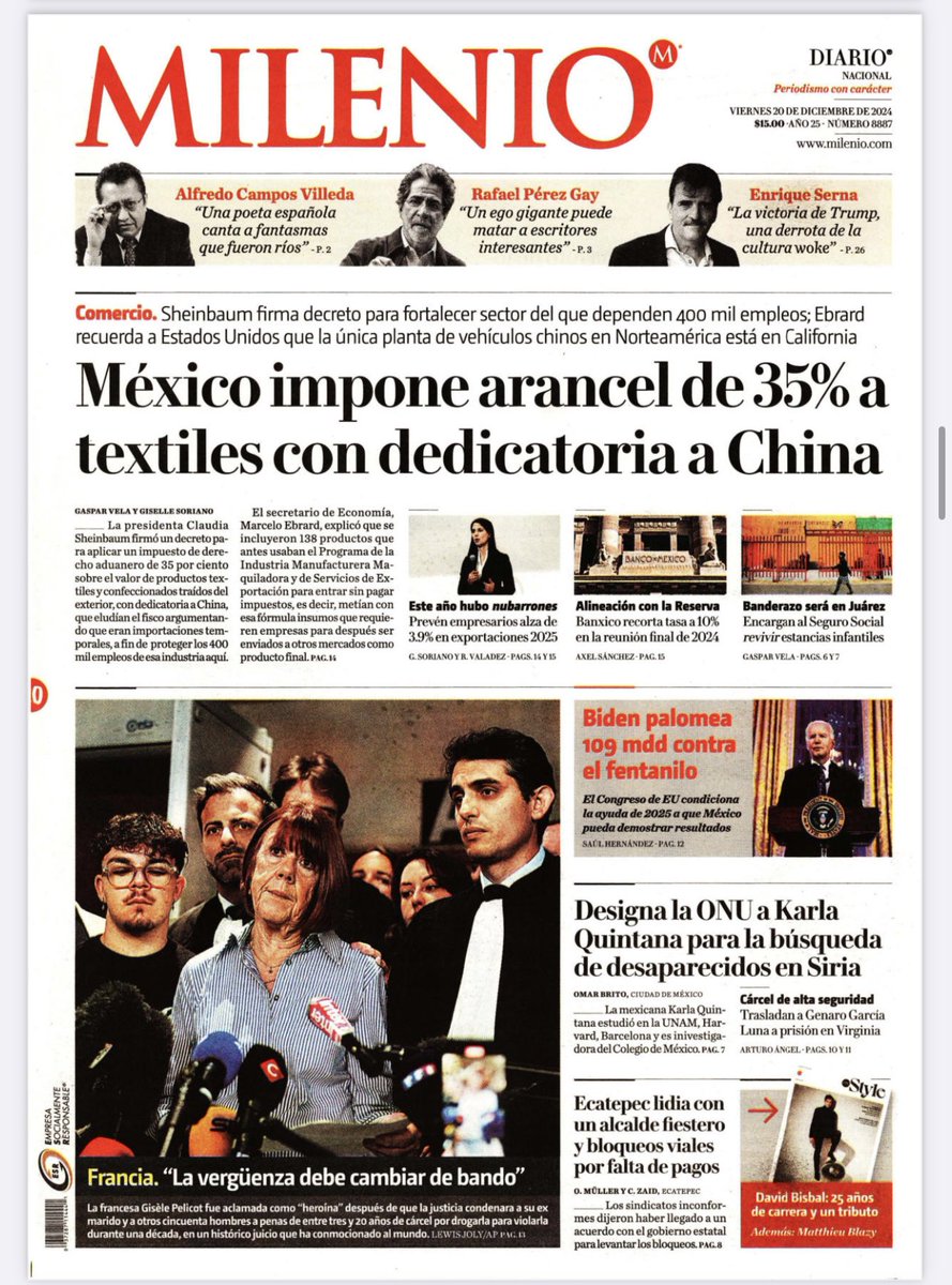 dmillan's tweet photo. Así reporta la prensa nacional la promulgación del decreto con el que el gobierno de la presidenta Claudia Sheinbaum protegerá a la industria textil.

Marcelo Ebrard explicó que la medida protegerá a más de 400 mil empleos en México. https://t.co/ZloS6GepOV