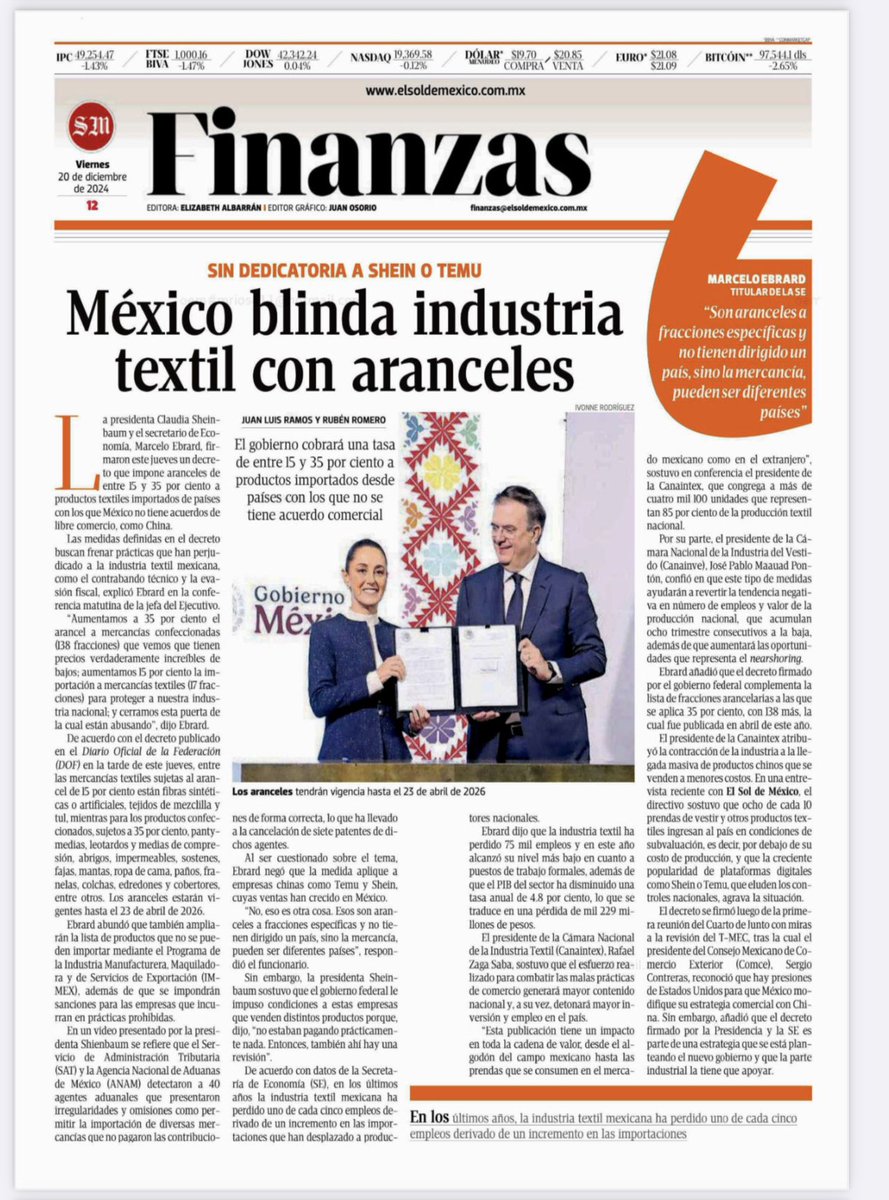 dmillan's tweet photo. Así reporta la prensa nacional la promulgación del decreto con el que el gobierno de la presidenta Claudia Sheinbaum protegerá a la industria textil.

Marcelo Ebrard explicó que la medida protegerá a más de 400 mil empleos en México. https://t.co/ZloS6GepOV
