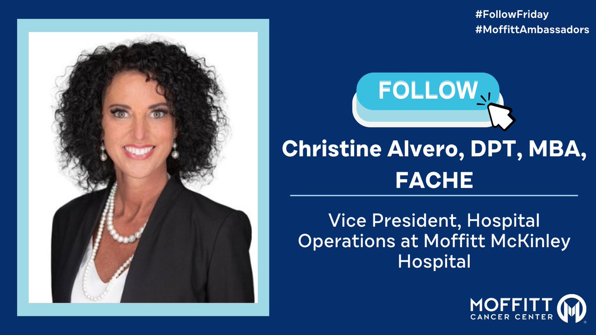 Moffitt Cancer Center (@moffittnews) on Twitter photo #FollowFriday Meet Christine Alvero (<a href="/alverocd/">Christine Alvero</a>) VP of Operations at Moffitt McKinley Hospital. She oversees operations at MMH, driving efficiency, quality, and positive experiences for patients and staff. She has worked at Moffitt in a variety of roles over the past 20 years and #FollowFriday Meet Christine Alvero (<a href="/alverocd/">Christine Alvero</a>) VP of Operations at Moffitt McKinley Hospital. She oversees operations at MMH, driving efficiency, quality, and positive experiences for patients and staff. She has worked at Moffitt in a variety of roles over the past 20 years and