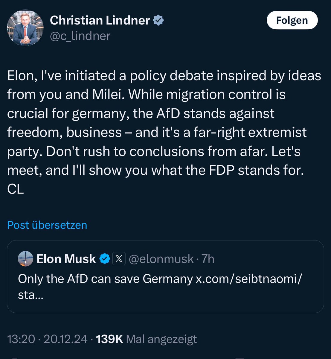Hello, Mr Musk. I am the leader of the most wichtige opposition party in the german Bundestag. We are the FDP and we are the only fighters for billionaires in our from the woke virus befallene country! Please stärke FDP! They call us the Tesla of Politik because we're the future!