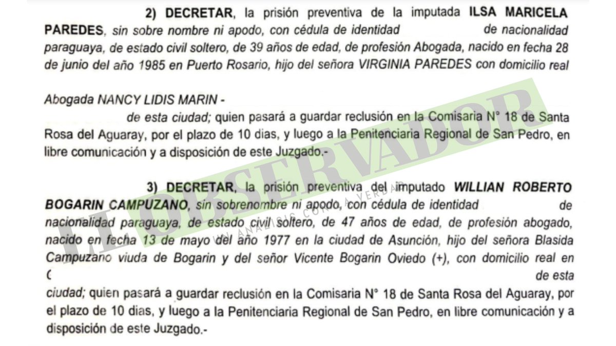 observapy's tweet photo. [AHORA] 🟩El juez de Santa Rosa del Aguaray (San Pedro) decretó la prisión preventiva de William Bogarín, funcionario del Congreso Nacional y la abogada Ilsa Paredes, implicados en un presunto esquema de estafa con tierras del Indert.🔎

🟩Ambos permanecerán por 10 días en la Comisaría Local y luego serán remitidos a la Cárcel Regional de San Pedro🔎