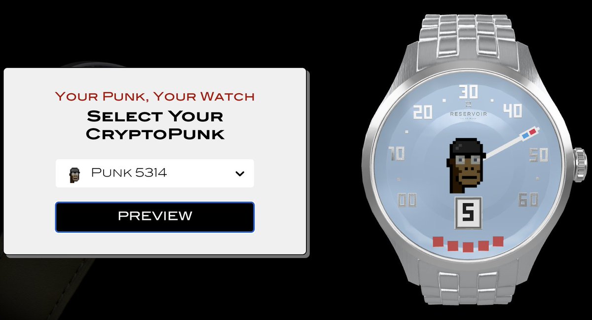 ReservoirWatch's tweet photo. @Artifaction2 Introducing RESERVOIR watch exclusive project for the CryptoPunks community: a personalized watch, uniquely designed to reflect your CryptoPunk! Your timepiece awaits. Find out more: https://t.co/rwDc27nSdH https://t.co/sgHWd04Tqc