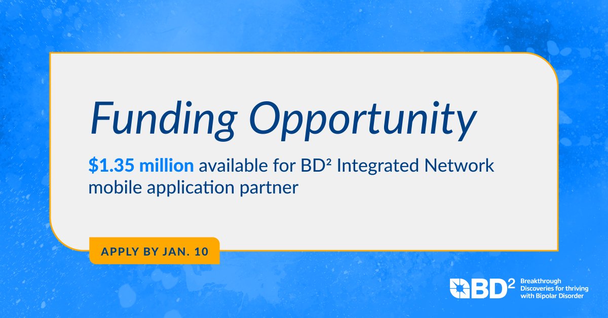 DEADLINE REMINDER🚨: Applications are due Friday, 1/10 to develop and manage a mobile app system to support BD² in increasing the scientific understanding of #bipolardisorder and improve care. Apply here: bipolardiscoveries.org/funding/rfa-op…