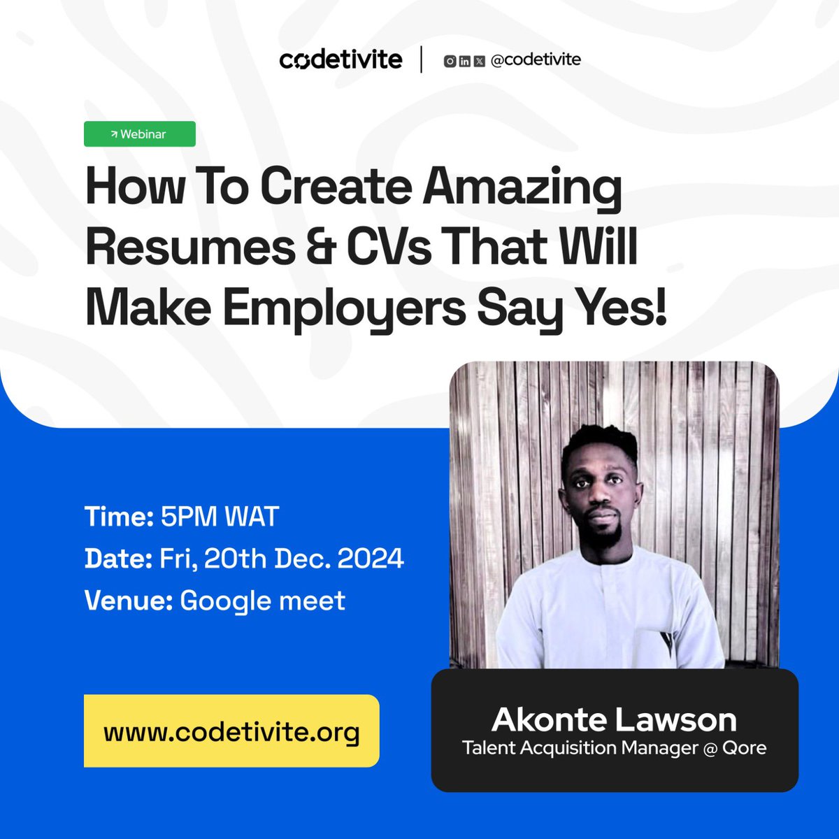 OgubuikeAlex's tweet photo. He has spent over nine years hiring top talent for companies like Jumia and Qore
He knows his stuff
This is a chance to hear what makes employers tick -Don’t miss it
Date: Friday, 20th December 024
Time: 5PM
Register to get access to this:
https://t.co/wCAsU0ZFsS
#codetivite https://t.co/nHuIOGEtUX