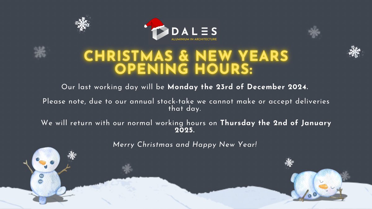 Merry Christmas from all of us at Dales 🎄⛄️

Our last working day will be Monday the 23rd, and we will be reopening with our usual hours on Thursday the 2nd of January. 

We look forward to seeing you all in 2025! ⭐️