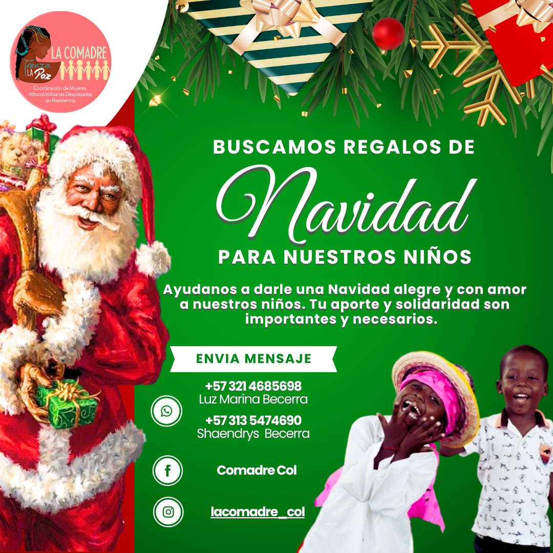 _LaComadre_'s tweet photo. 🗣Desde Comadre Col solicitamos tu ayuda 🙏🏿para llevarle a nuestros niños regalos esta navidad🎅🏿🎄🎁. Tu aporte será vital para que puedan mantener fe y esperanza con la sonrisa que tu generosidad mantendrá en sus rostros.❤

#ComadresPorLaPaz💜✨ https://t.co/6wqzSqBHVw