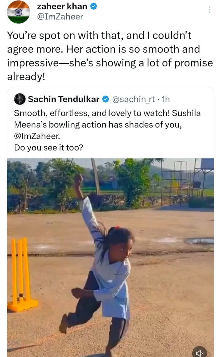 SeemaRmeena's tweet photo. राजस्थान की सुशील मीना 
का बोलिंग एक्शन सेम जहीर खान जैसी है 
@ImZaheer @sachin_rt  दोनों ने एप्रिशिएट किया है। 
@BCCI https://t.co/Q5RQAEWmAM