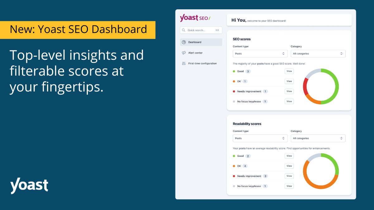 Simplify your #SEO with the Yoast SEO Dashboard!:
✅ See top-level insights at a glance
✅ Filter scores to prioritize tasks
✅ Streamline your strategy &amp; work smarter

Work smarter, not harder. Update today! 🔍✨ yoa.st/51z