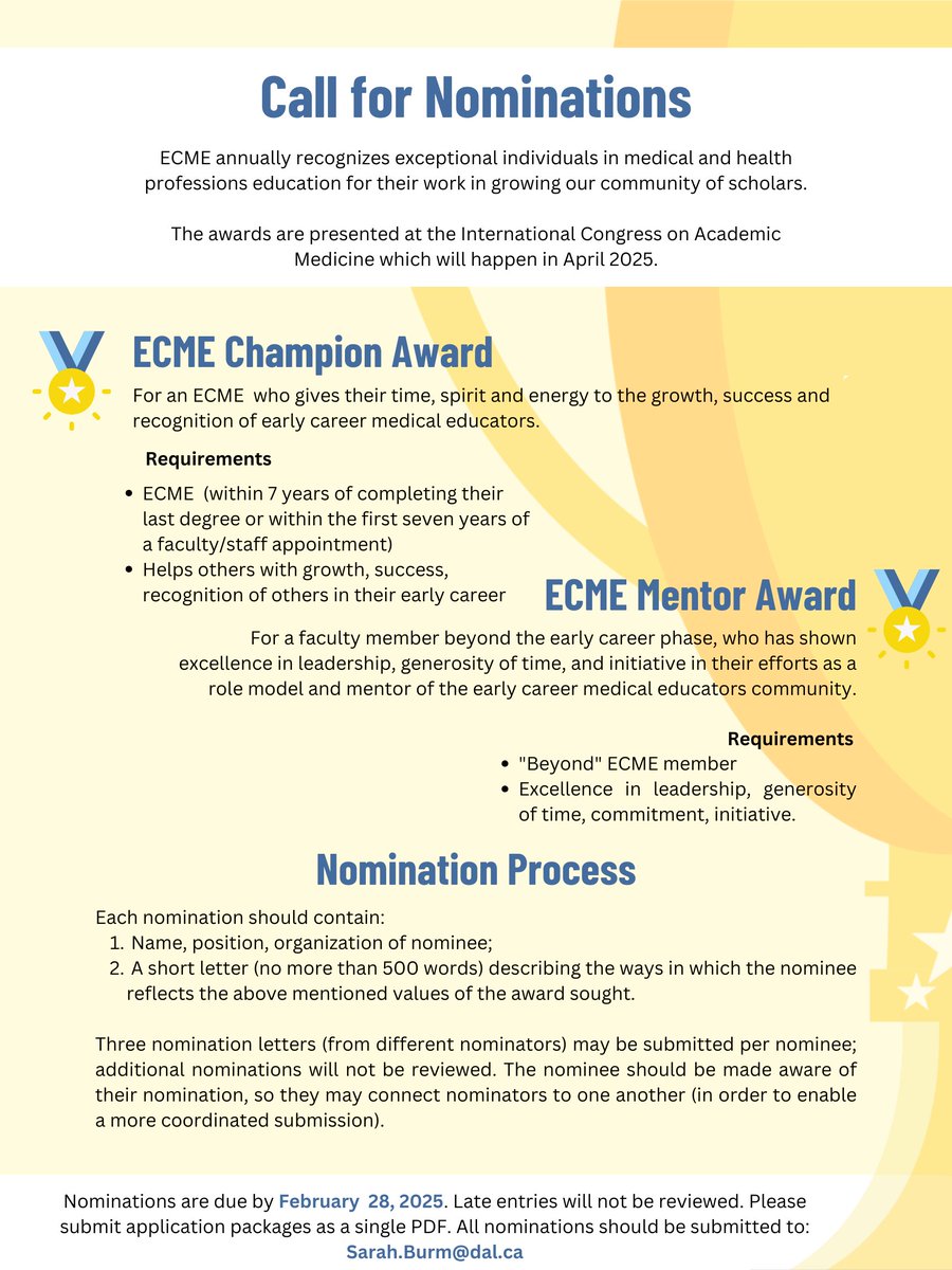 A friendly reminder the <a href="/ECMEcan/">ECME</a> 's call for nominations for the Champion and Mentor Awards is now open. Please consider nominating a deserving individual or sharing this call with others in the #MedEd community.