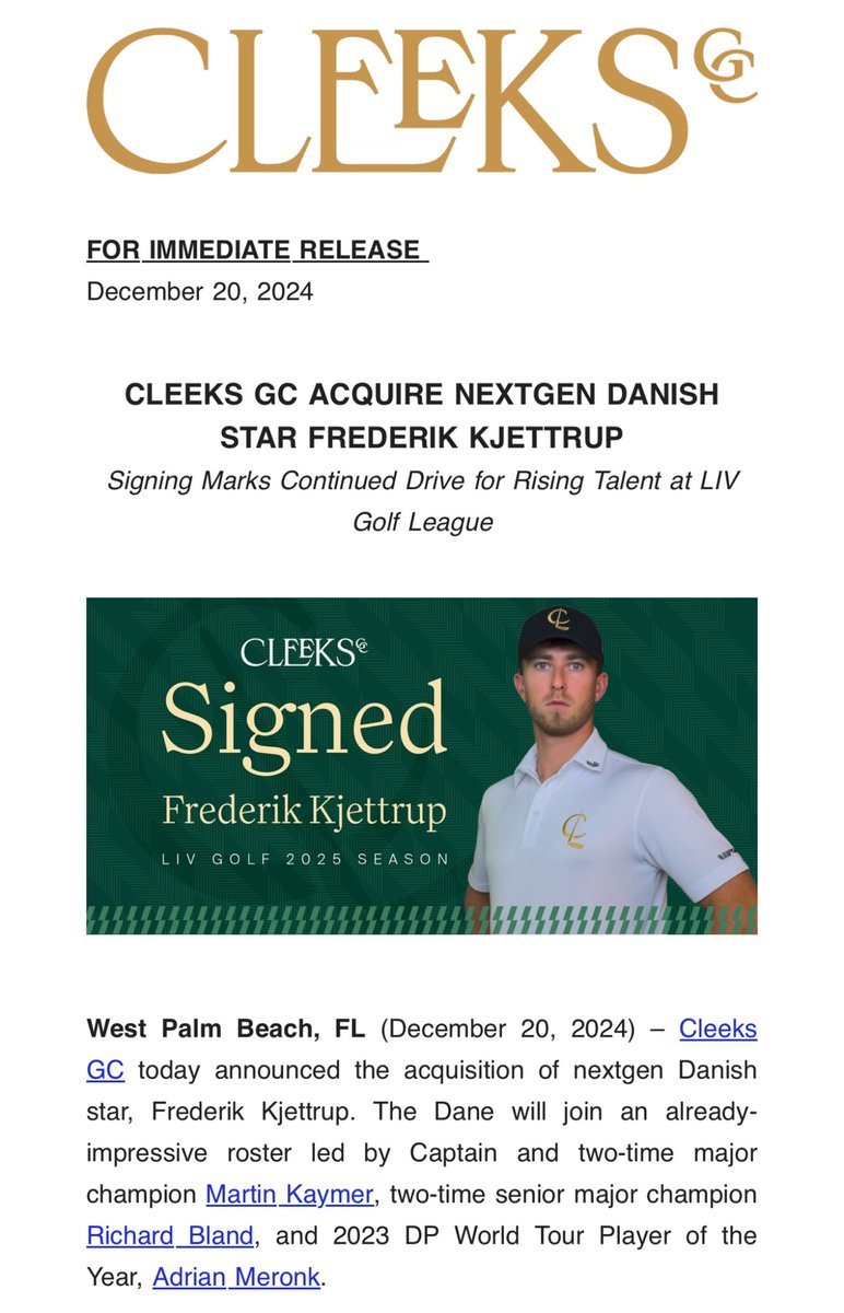 LIVTracking's tweet photo. 🚨#CleeksGC sign Top 25 ranked superstar, Frederik Kjettrup.
Kjettrup played only 8 PGA events. He won 3 of them 👀.
On the heels of a groundbreaking TV deal with FOX, #LIVGolf continues to attract top talent, solidifying its position as the premier golf tour in the world. https://t.co/MFTbRyuH0s