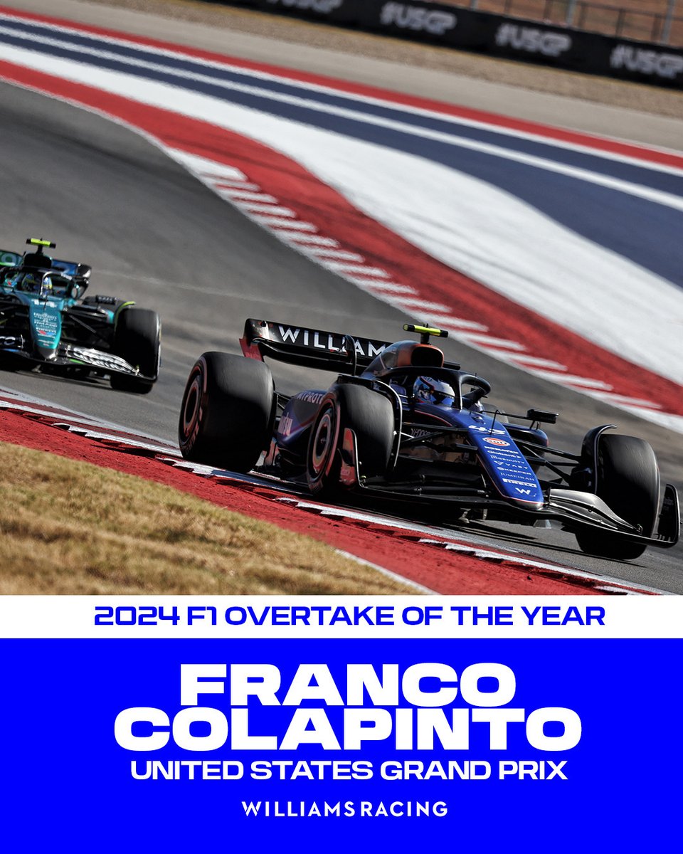 WilliamsF1's tweet image. 2024 @F1 Overtake of the year 🏆

Take a bow, Franco. VAMOSSS 👏