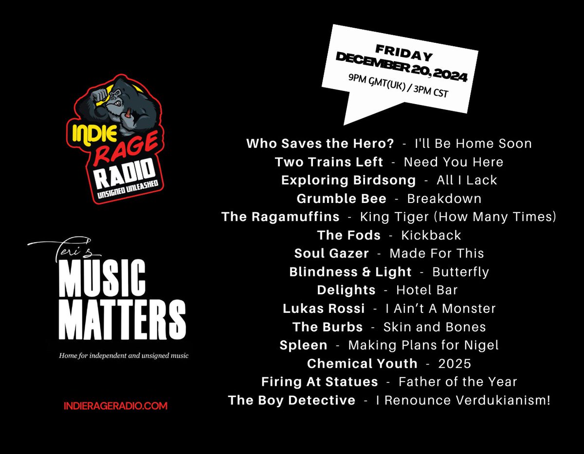 Teri's MusicMatters (@musicmatters_t) on Twitter photo Today 9pmUK
Tune into <a href="/IndieRageRadio/">Indie Rage Radio</a>
🔊indierageradio.com
#MusicMatters play fantastic new music from- <a href="/BlindnessLight/">Blindness and Light</a> <a href="/delightsband_/">Delights</a> <a href="/lukasrossi/">Lukas Rossi</a> <a href="/theburbsruleok/">The Burbs</a> #Spleen <a href="/chemicalyouth95/">Chemical Youth</a> <a href="/firingatstatues/">Firing At Statues</a> #TheBoyDetective
Info:facebook.com/MusicMattersWi…
#NewMusicAlert Today 9pmUK
Tune into <a href="/IndieRageRadio/">Indie Rage Radio</a>
🔊indierageradio.com
#MusicMatters play fantastic new music from- <a href="/BlindnessLight/">Blindness and Light</a> <a href="/delightsband_/">Delights</a> <a href="/lukasrossi/">Lukas Rossi</a> <a href="/theburbsruleok/">The Burbs</a> #Spleen <a href="/chemicalyouth95/">Chemical Youth</a> <a href="/firingatstatues/">Firing At Statues</a> #TheBoyDetective
Info:facebook.com/MusicMattersWi…
#NewMusicAlert