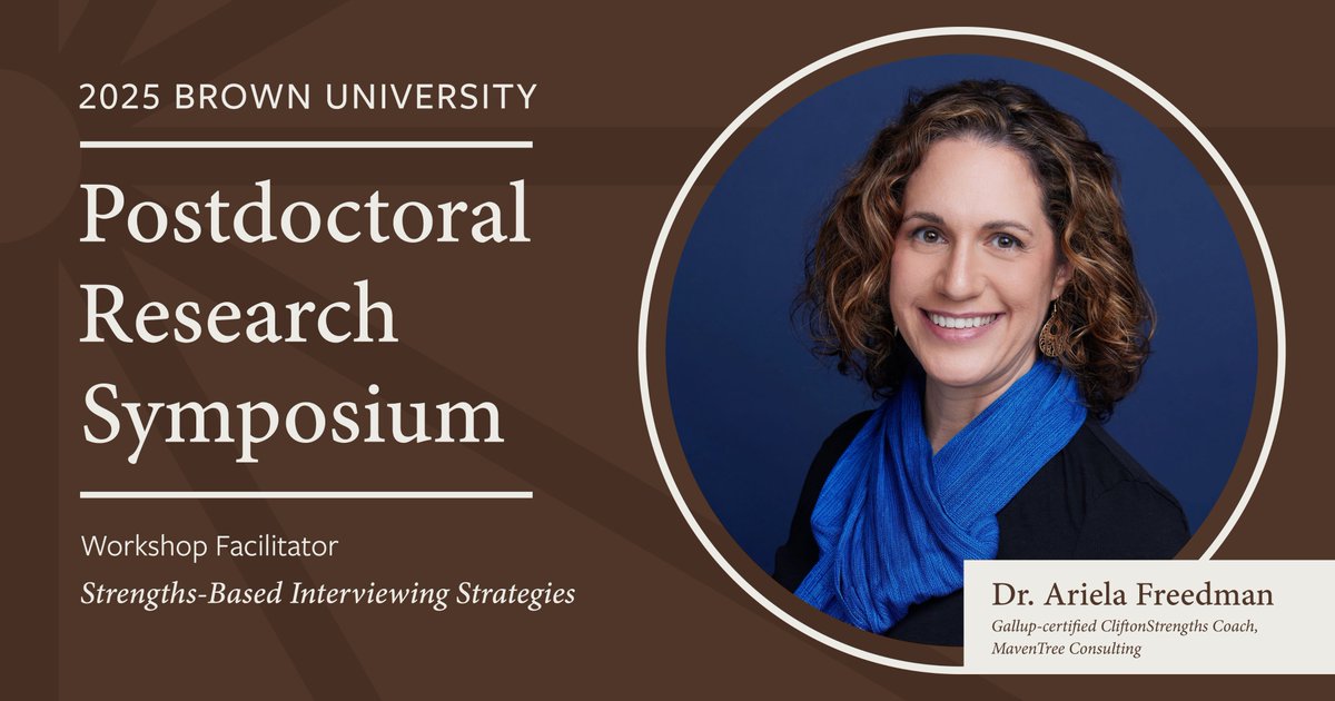 PostdocsAtBrown's tweet image. OUPA is pleased to announce the Postdoctoral Research Symposium on March 27, 2025. The symposium includes a professional development workshop with Dr. Ariela Freedman, “Strengths-Based Interviewing Strategies.” Registration will open in early January!