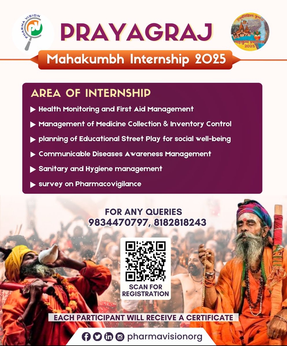 PharmaVisionOrg's tweet image. Prayagraj Mahakumbh 2025 
Pharma Vision Presents: Swastha Mahakumbh Internship  
  
This year, Pharma Vision invites you to experience the perfect blend of spirituality and wellness.

Registration link forms.gle/QFNiMW3PraZgt6…
