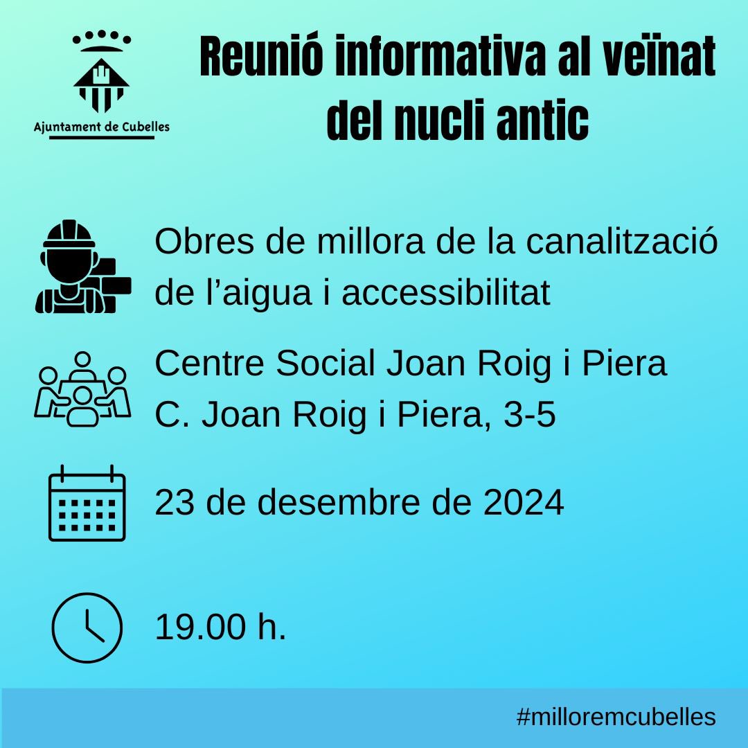 ajcubelles's tweet photo. 🗣️ Reunió informativa al veïnat del nucli antic.
🚧 Per les obres de la canalització de l’aigua i accessibilitat.
📅 23 de desembre de 2024
📌 Centre Social Joan Roig i Piera (c. de Joan Roig i Piera, 3-5)
🕖 19.00 h.
#milloremcubelles
#pamcubelles2427 https://t.co/0M8oehWIEw
