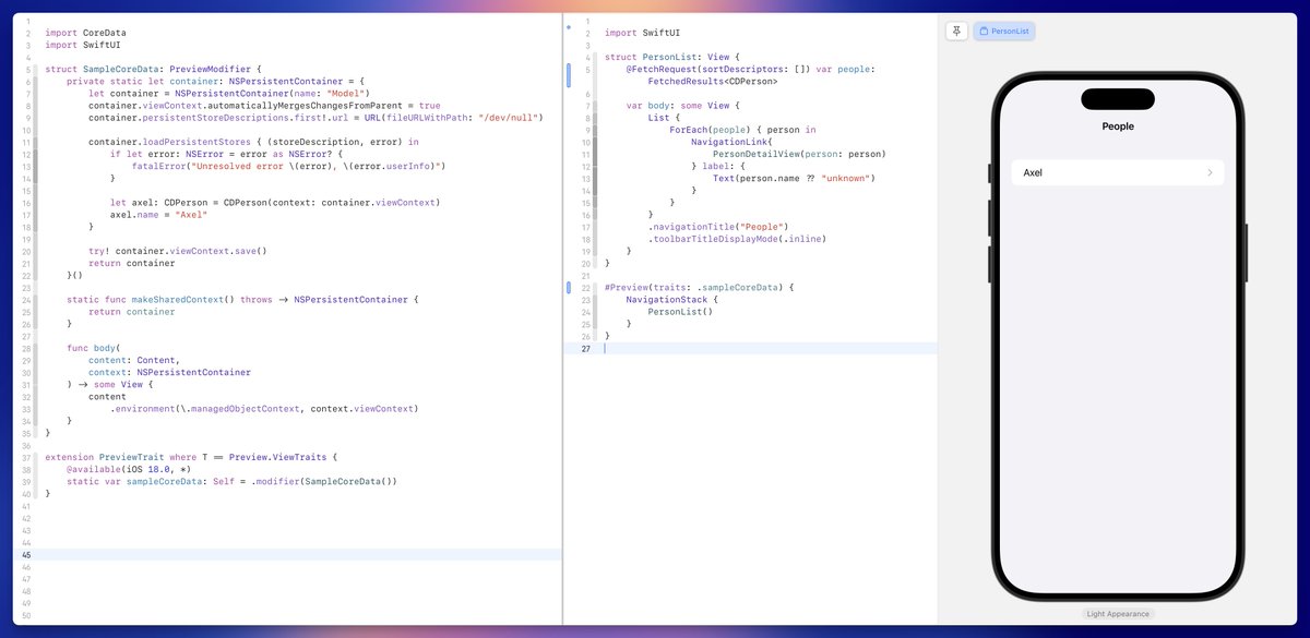 alpennec's tweet image. SwiftUI Previews with #CoreData is easier than ever thanks to the new PreviewModifier protocol introduced at this year&apos;s WWDC.

I&apos;ve mistakenly always thought it would only work for #SwiftData but it turns out it&apos;s perfectly fine for Core Data too! 😀