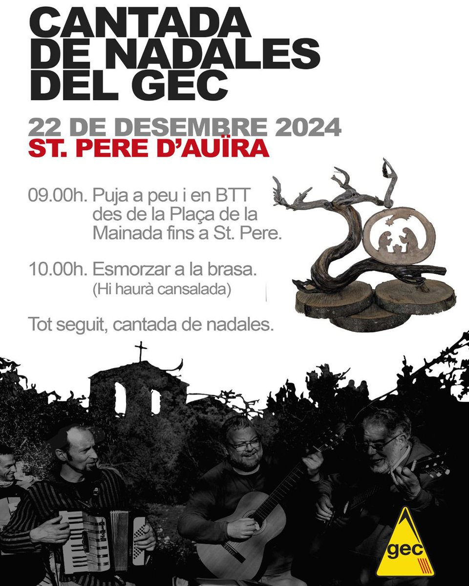 🎄🎶 CANTADA DE NADALES DEL GEC 🎶🎄
🗓️ 22/12/24 | 📍 Sant Pere d’Auïra

🕘 09.00h: Sortida a peu/BTT (Plaça de la Mainada).
🕙 10.00h: Esmorzar a la brasa (amb cansalada!).
🎤 Tot seguit, cantada de Nadales.

No t’ho perdis! 🌟