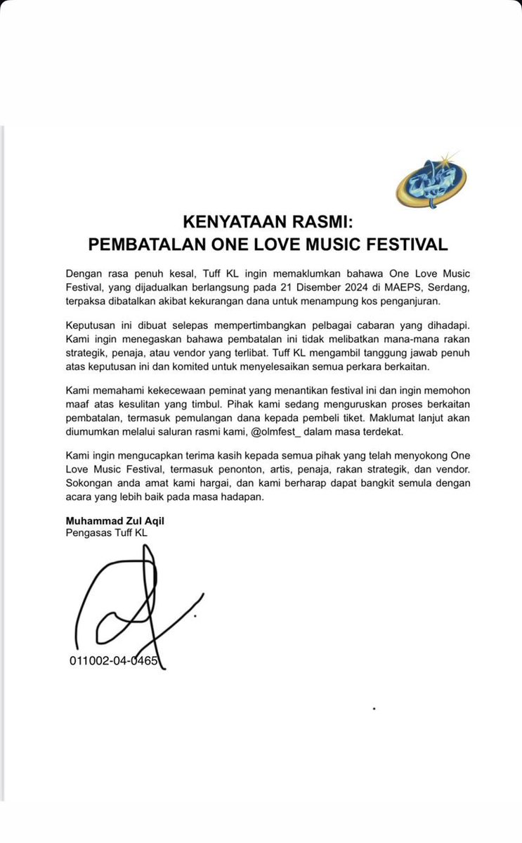 OLM FEST CANCELLED GAES! 

I’m sorry, organizer decided to cancel, it is out of our control. Statements dalam surat di bawah. 
<a href="/DramaBandMY/">DRAMA BAND</a>