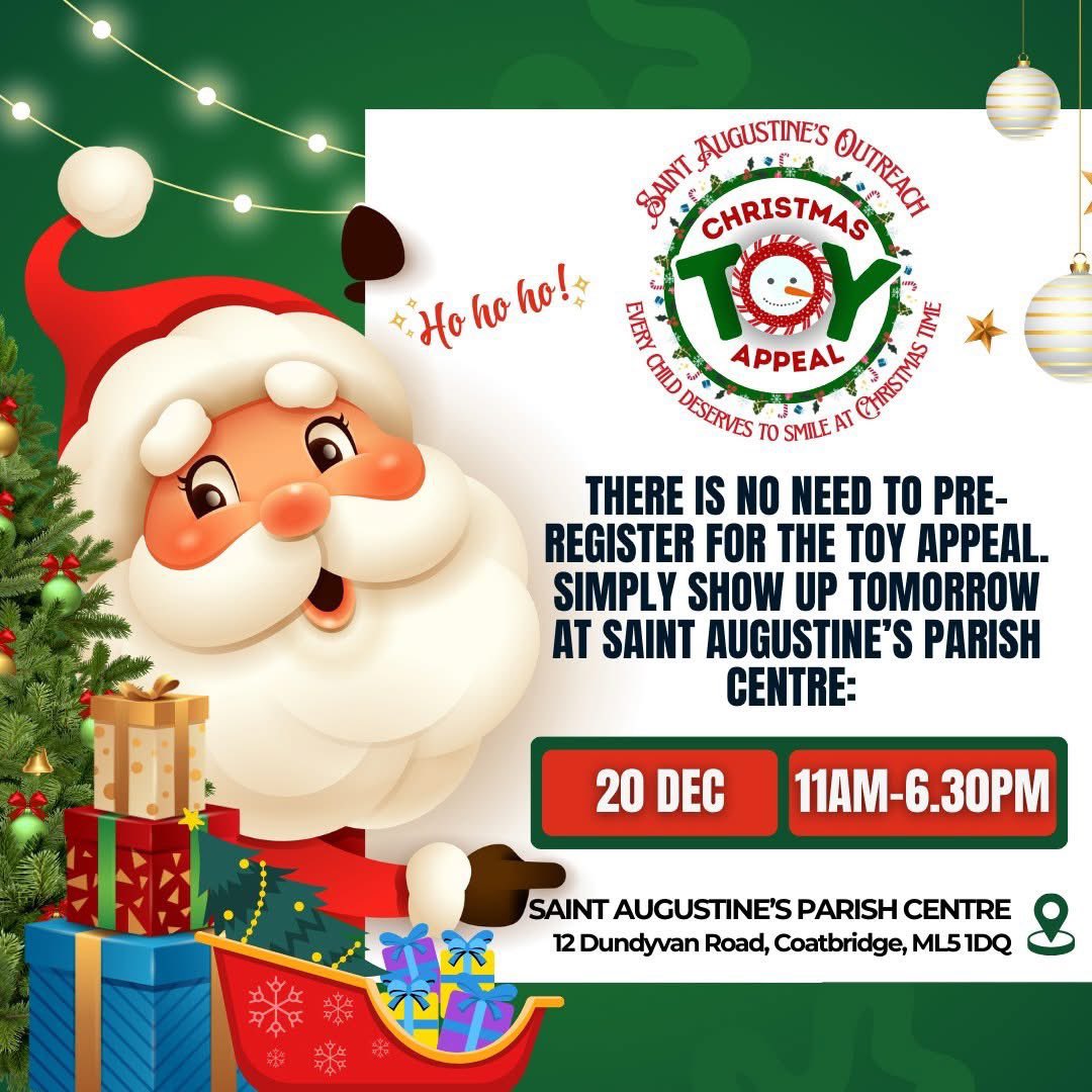 🧸This event is on today! 🧸
For any families struggling this Christmas 
The Toy Appeal is here for you—no questions asked, no referral needed🎁  Something for all ages. Open until 6:30 PM at St. Augustine’s Parish Centre, Coatbridge. Let us help make your Christmas brighter!💝
