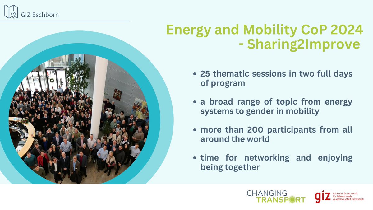 🧰 🌎 The last two days we had our annual Energy and Mobility CoP Meeting "Sharing2Improve" in GIZ Eschborn.

We thank the 200 energy and transport enthusiasts from all around the world for this thematic and personal exchange and wish you a wonderful end of the year!  
💡🛺🔋🚅