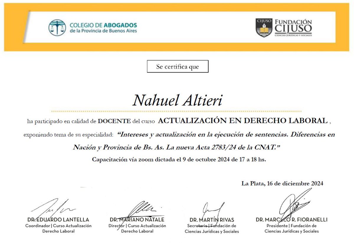 altierilegal's tweet photo. RECONOCIMIENTO DOCENTE - COLEGIO DE ABOGADOS DE LA PROVINCIA DE BUENOS AIRES - FUNDACIÓN CIJUSO - Muchas gracias a las entidades mencionadas por este diploma en reconocimiento por las tareas de formación de mas de 250 colegas https://t.co/UnpSlsK0Ou