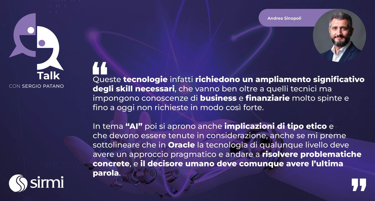 🔥💬 #TechTalk e la seconda parte dell’intervista ad #AndreaSinopoli <a href="/OracleItalia/">Oracle Italia</a>!
 
🗣️ Non possiamo non parlare di #IntelligenzaArtificiale, ma qual è il punto di vista #Oracle? Andrea Sinopoli spiega la funzione degli agenti #AI a supporto delle persone.
 
<a href="/PatanoSergio/">Sergio Patano</a> 

👇