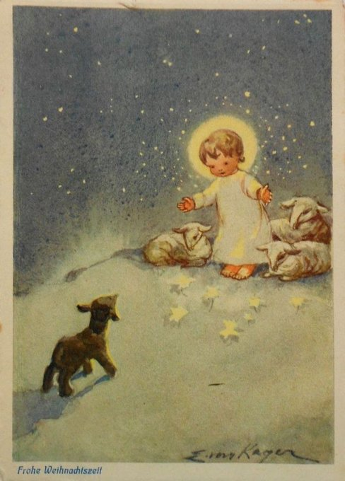 JesusSavesUs777's tweet photo. Love this classic Christmas card with little Jesus welcoming the sheep. https://t.co/UDYdrUHfhr