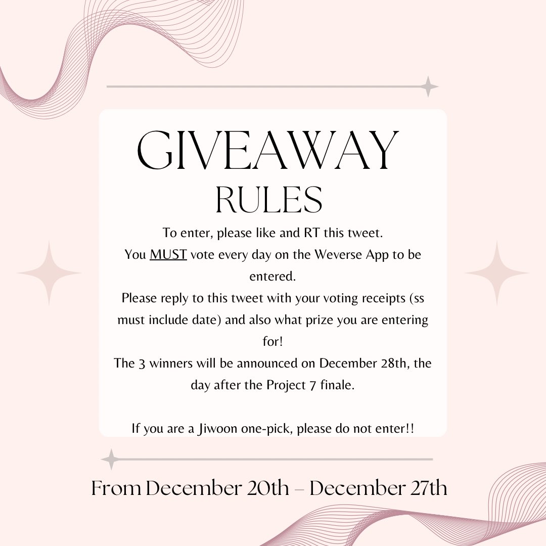 jiwooner's tweet photo. PROJECT 7 VOTING GIVEAWAY 
✔️WW

PRIZE = IPhone 16 Pro Max, an album of your choice OR $100 [3 winners]

Please read the giveaway rules before entering! https://t.co/2TcKHxMb3d