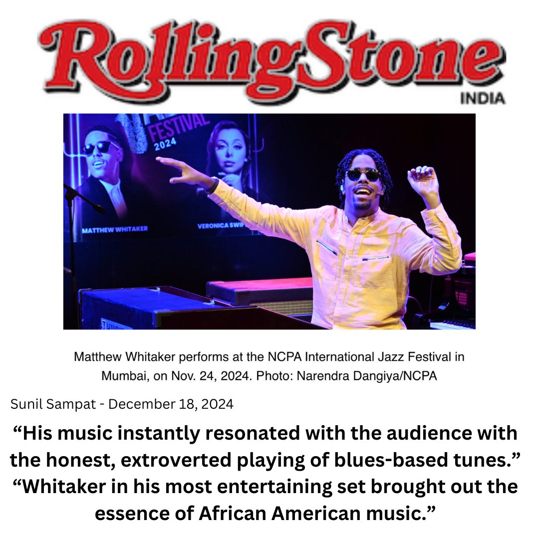 Thank you to @rollingstonein and Sunil Sampat for the review of @ncpamumbai Jazz Festival! It was great to perform in the great city of Mumbai! 

rollingstoneindia.com/ncpa-jazz-fest…

#mumbai #jazzfestival #rollingstonein #ncpamumbai #matthewwhitaker #matthewwhitakermusic