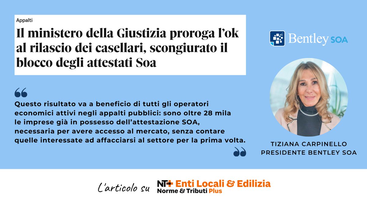 📣 <a href="/RIMiG_Giustizia/">Ministero della Giustizia</a> proroga al 2025 l'accesso ai casellari giudiziari per le #SOA.

Le #SOA potranno così continuare a consultare i casellari giudiziari e l’anagrafe delle sanzioni amministrative utili a verificare i requisiti delle imprese.
<a href="/carpinelloTitty/">Tiziana Carpinello</a> <a href="/sole24ore/">IlSole24ORE</a>