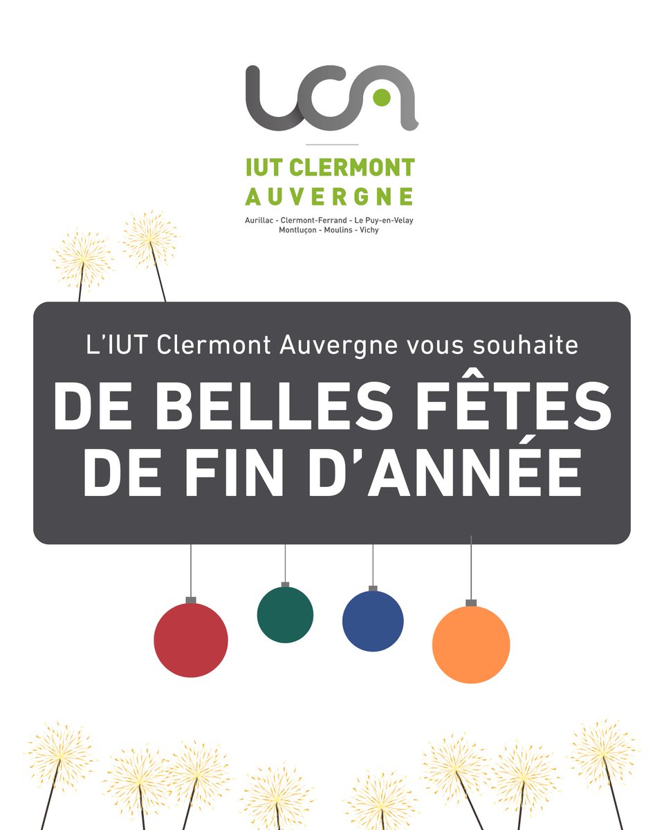 👉Fermeture administrative de l'IUT Clermont Auvergne !

Nous vous souhaitons de très belles fêtes de fin d'année 🎉et nous nous retrouvons dès le 6⃣ janvier 2025 !

A très vite ! 👋