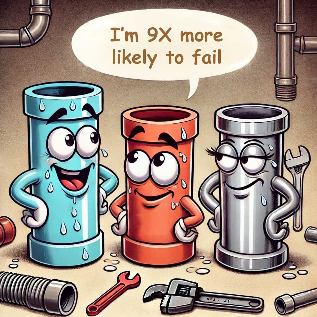 SafePipingMttrs's tweet image. PIPETALK (episode 1)
PVC: “I’m 5x more likely to fail” 
HDPE: “Hold my wrench… I’m 9x more likely”
Metal pipes: 👀
Research shows #plasticpipe failure rates are no laughing matter. Choose wisely. 
Source: Water Supply, p. 184 buff.ly/4iIPBW7