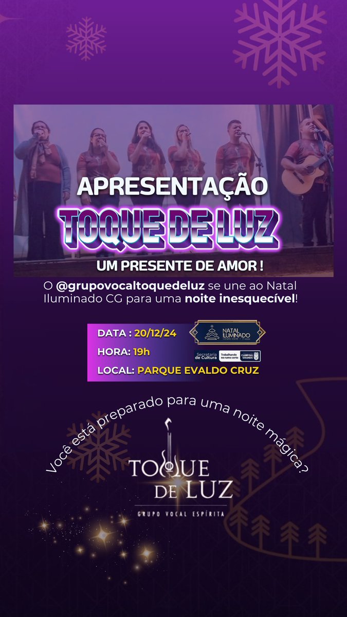 ferochajr's tweet photo. "Deixe o amor e a luz brilharem!

@grupovocaltoquedeluz se apresenta no Natal Iluminado CG, dia 20/12, 19h.

Uma noite de:

Música inspiradora
Fé e união
Alegria e amor

Não perca!

#NatalIluminadoCG #GrupovocalToqueDeLuz #MúsicaSacra #Espiritualidade" https://t.co/iAr1TPfk1d