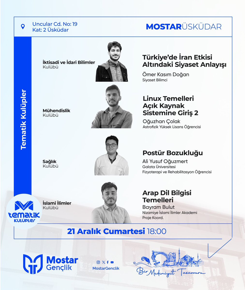 MostarGenclik's tweet photo. 🚀 Teoriden pratiğe geçiş yapmak, sevdiği alanda kendini geliştirmek isteyenler için 
@tematikkulupler 'de bu hafta da dört farklı oturumda güzel ve önemli konular ele alınıyor. 

💯 Gelişmek, geliştirmek ve üretmek için seni de bekliyoruz.

🗓️ 21 Aralık
🕕 18.00
📍 Mostar Gençlik Üsküdar