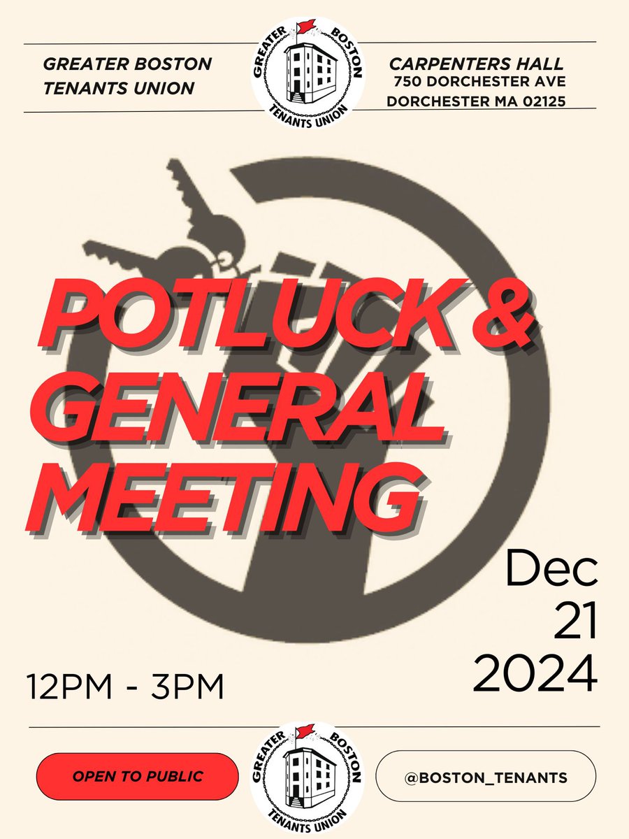 End of year potluck and General Meeting tomorrow! Join us at noon at the Carpenters Hall in Dorchester. Bring your family/roommates! All are welcome