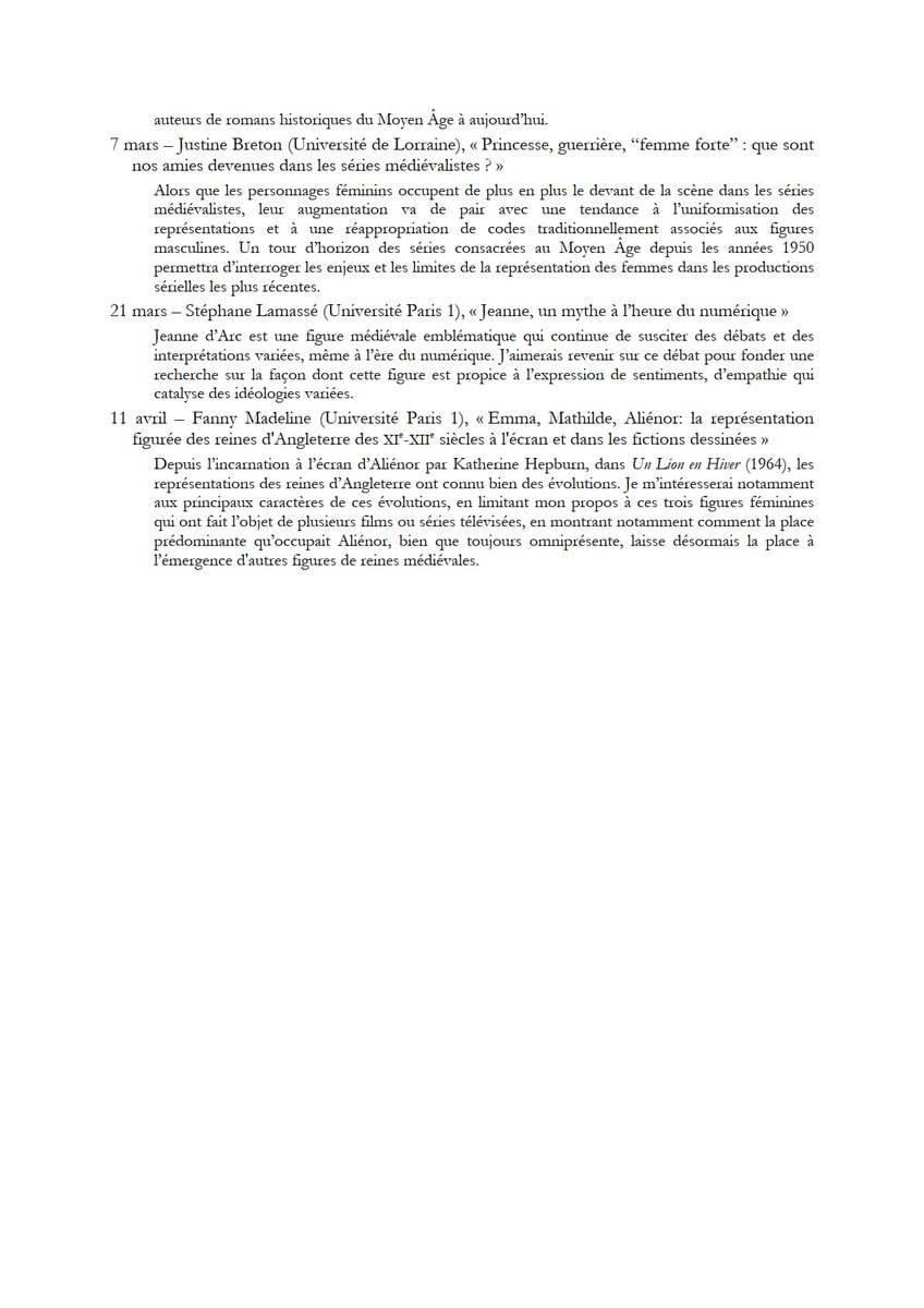 Programme 2025 du séminaire Le médiévalisme – Des usages contemporains du Moyen Âge : Le médiévalisme au féminin (mode hybride)