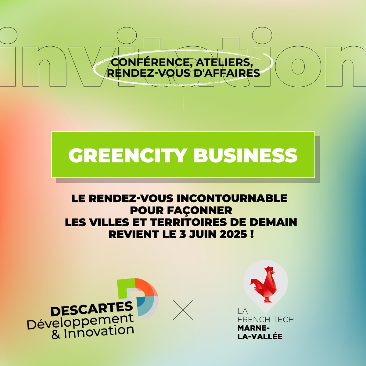 📣 Bonne nouvelle !
Rendez-vous le mardi 3 juin pour une nouvelle édition de GreenCity Business, l’événement incontournable de l’innovation et de la durabilité organisé par la French Tech Marne-la-Vallée. 🌱

💡 Au programme : conférences inspirantes, rendez-vous d’affaires et de