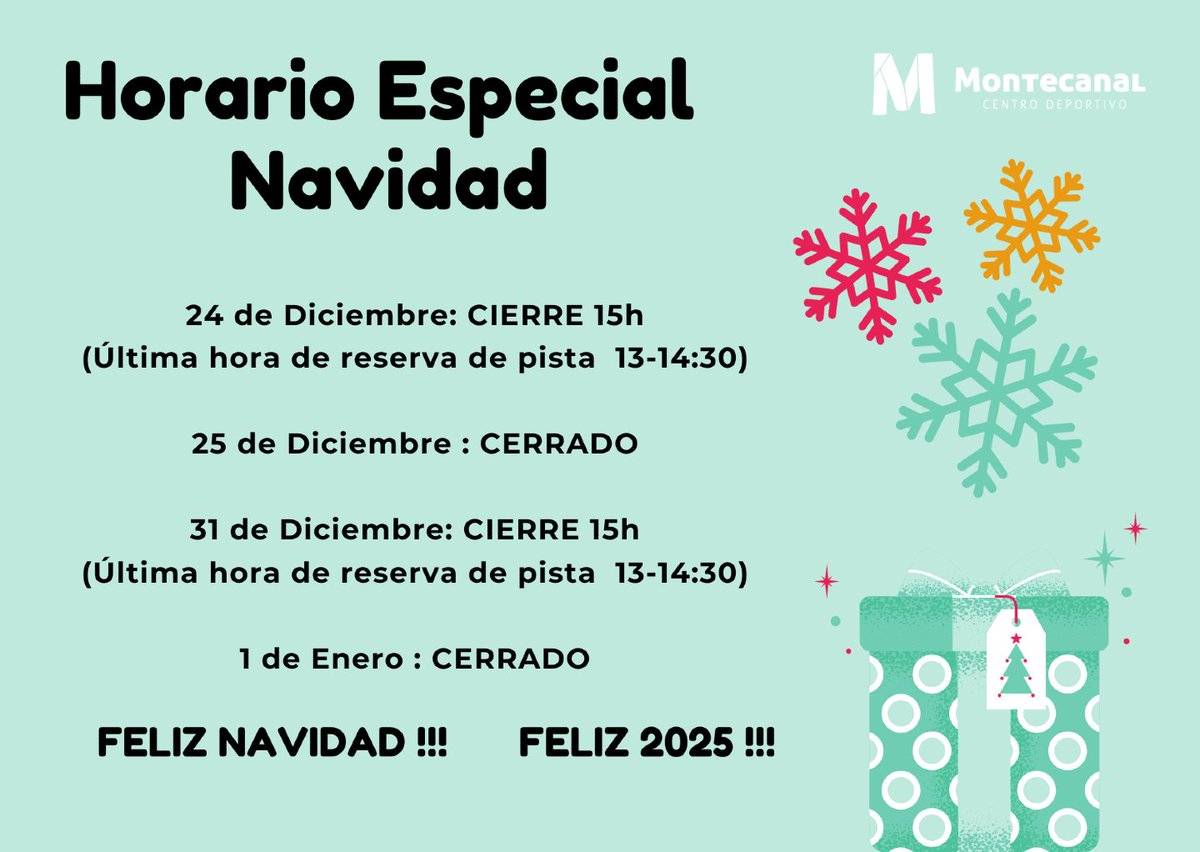✨🎄 ¡Ya está aquí la Navidad! 🎾

📅 Horarios especiales:
🎁 24 y 31 de diciembre: Cerramos a las 15:00 (últimos partidos: 14:30).
🎁 25 de diciembre y 1 de enero: Cerrado.

🎅 ¡Feliz Navidad y próspero 2025! 🥂

#Navidad2024 #HorariosPádel #FelicesFiestas