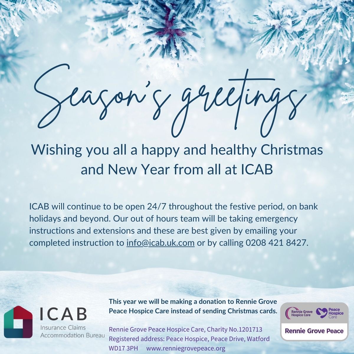 🎄 Season's greetings from <a href="/ICAB_team/">ICAB</a> ! This year we will be making a donation to  <a href="/rgphospice/">Rennie Grove Peace Hospice Care</a>  instead of sending Christmas Cards
#charity  #christmas #alternativeaccommodation