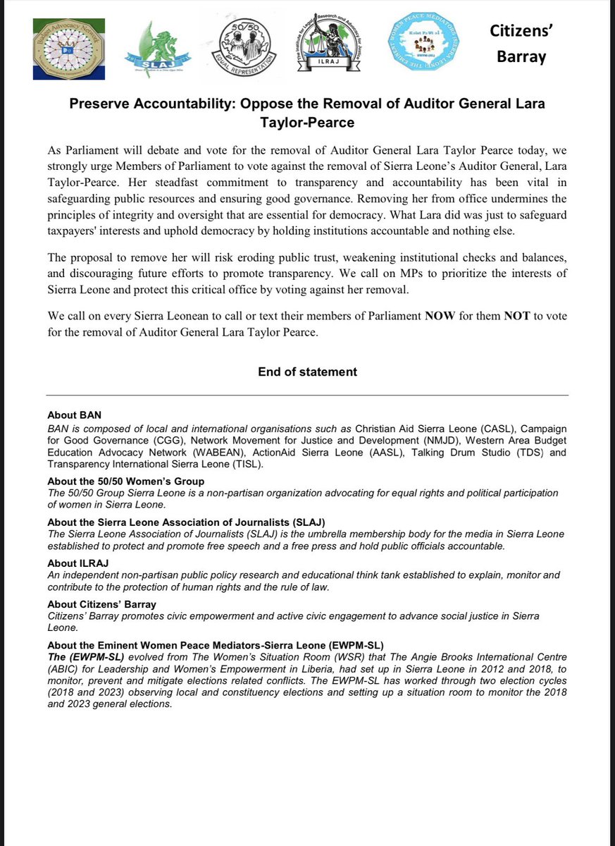 <a href="/fiftyfiftygrpsl/">50/50 Group Sierra Leone</a> and member CSOs call on Members of Parliament to vote against the removal of Sierra Leone’s Auditor General, Lara Taylor-Pearce.