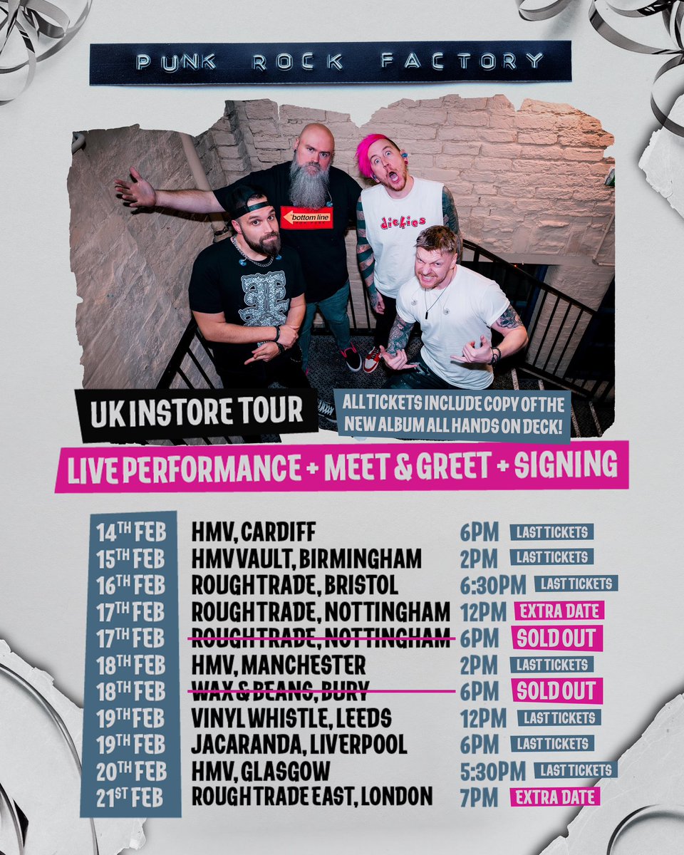 Bury &amp; Nottingham are SOLD OUT! 🎉 We’ve now added an extra Nottingham matinee + a London show! Last tickets left — don’t miss out! 

🎟️ punkrockf.lnk.to/instores

💥 #AllHandsOnDeck #LiveMusic