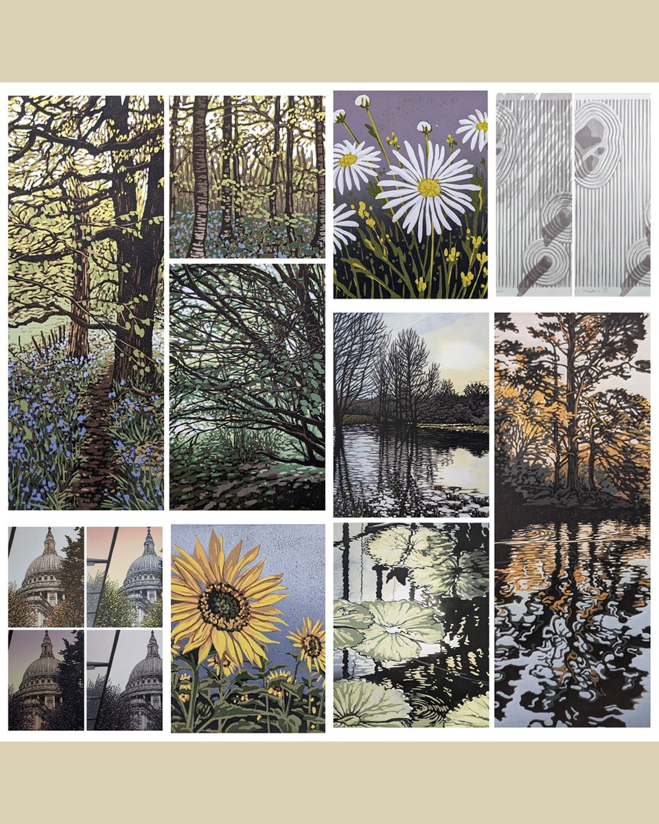 AlexandraBuckle's tweet photo. A year's worth of linocuts. Do you have a favorite? My aim was 12 editions in 2024 and I've done that if I include the Sand Garden double whammy and my St Pauls quartet. Wishing you all a wonderful holiday! See you for a creative 2025 :D #linocut #printmaking #ukprintmaker https://t.co/6U94150SkA