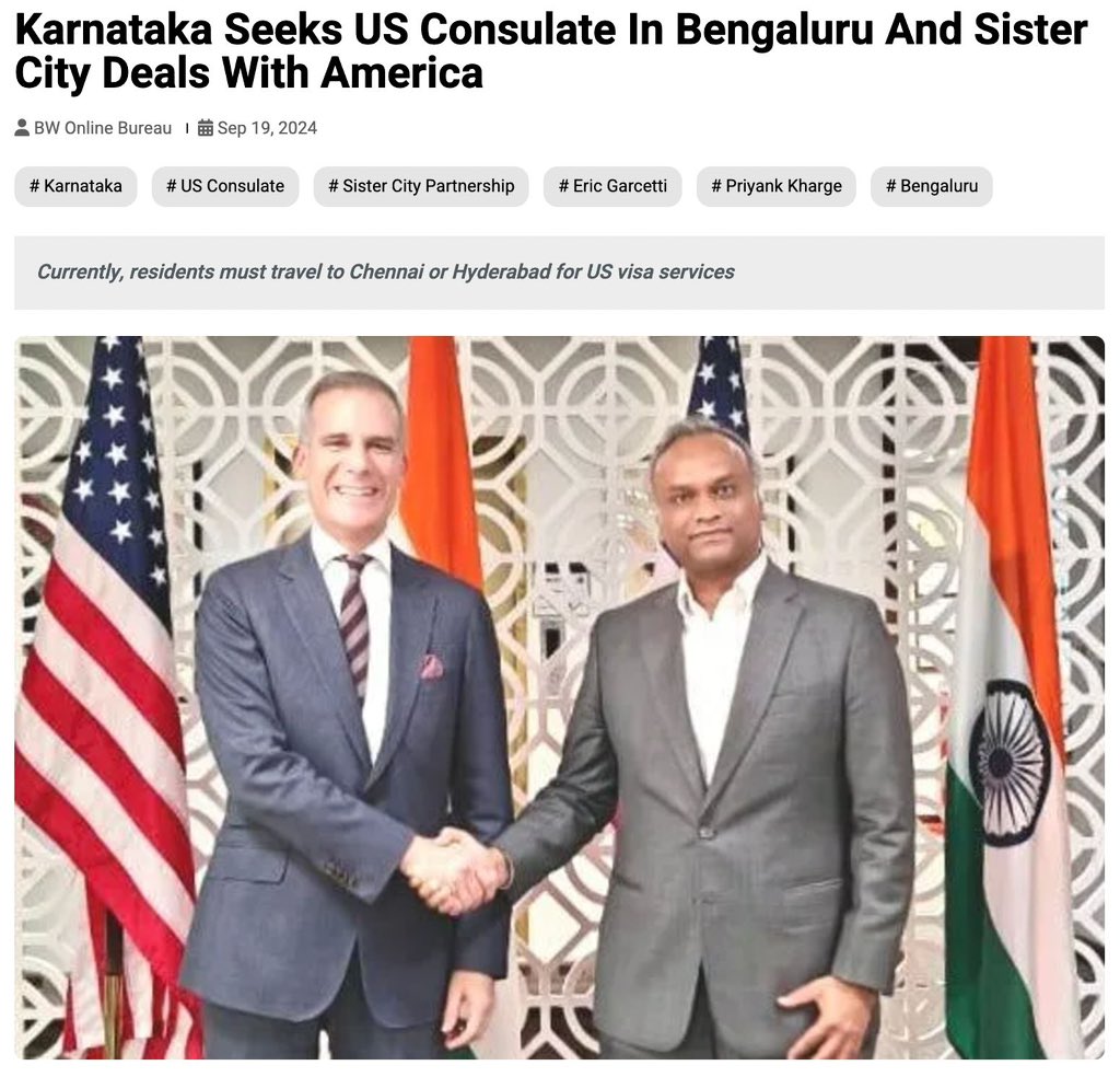 PriyankKharge's tweet photo. Delivered as Promised!

Over the past few years, I’ve had the privilege of engaging in several discussions with the US Ambassador, HE. Eric Garcetti, and key representatives from the US Consulate, the Trade Mission, and the American Chamber of Commerce in India. At the heart of all these meetings was a common goal: establishing a US Consulate in Bengaluru.

Bengaluru, as a global hub for technology and innovation, is home to thousands of professionals, students and businesses with deep ties to the United States. So establishing a consulate in Bengaluru was an inevitable conclusion.

Today, it is so good to these consistent efforts have come to fruition. A new US Consulate is set to open in Bengaluru in January 2025. The consulate will simplify access to essential services for citizens, promote trade, and strengthen cultural and business ties between Karnataka and the United States.

This initiative will pave the way for a long standing vision of ours – to create sister city partnerships between US cities and Karnataka’s urban centers. Such collaborations will foster deeper cultural and economic exchanges, driving growth across sectors like commerce, education, healthcare, and technology. These partnerships will create opportunities for innovation, investment, and shared progress.

I want to sincerely thank Chief Minister Siddaramaiah @siddaramaiah for recognizing the importance of this initiative and writing to the US Ambassador assuring Karnataka’s full support to make this vision a reality. I also extend my gratitude to Ambassador Eric Garcetti for his consistent support and commitment to strengthening ties between our two regions.

This isn’t just talk—it’s Congress ke Kaam Ki Baat, not Mann Ki Baat.

 @CMofKarnataka