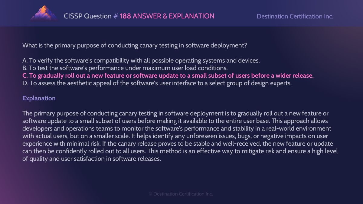 destcert's tweet photo. #CISSP Question #188 Answer and Explanation

Here is the answer and an analysis of how to reach the correct answer. If you want to see more content like this, do let us know!

#WeeklyCISSPChallenge #QuestionOfTheWeek #CyberSecurity #CISSPpractice #practicequestions #ISC2 https://t.co/aVDocwQPYN